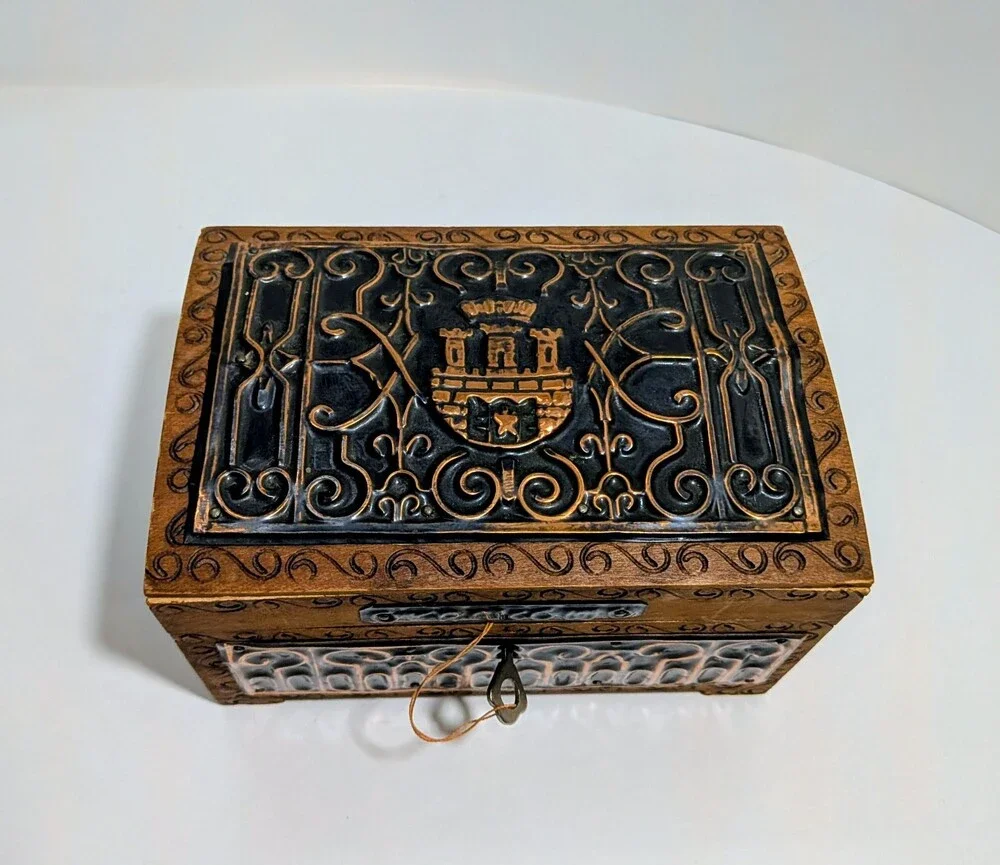 Vintage Kraków Wooden Box Castle Motif Metal Inlay Souvenir with Matching Key